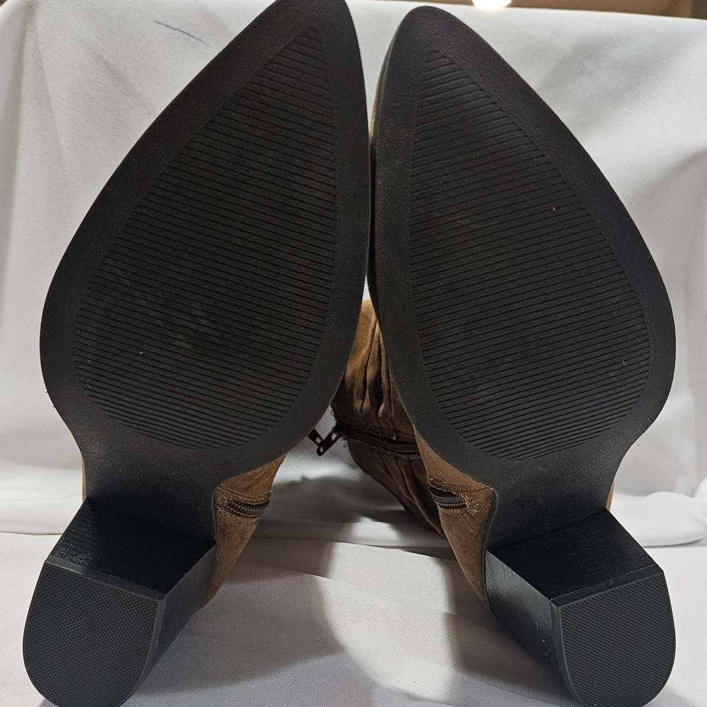 Brown Faux Suede Slouchy Pointed Toe Block Heel Ankle Boots, Size 8 1/2 - Picture 6 of 10